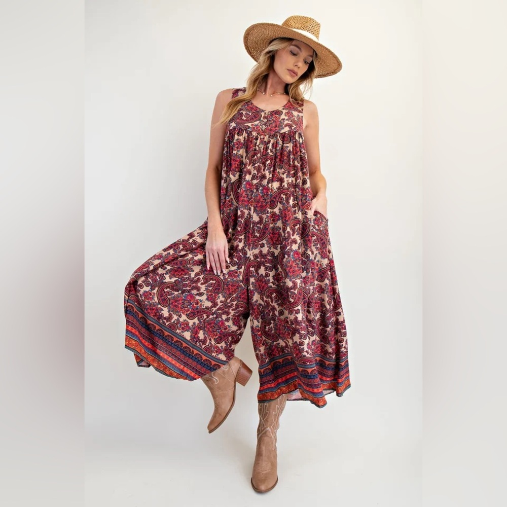 easel Red Paisley Wide-Leg Jumpsuit with Trim